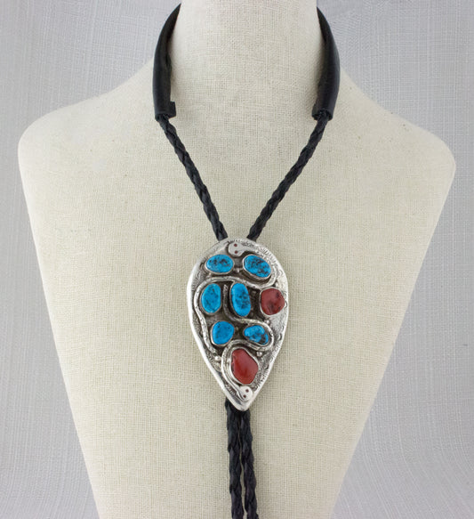 Turquoise & Coral Snake Design Bolo Tie