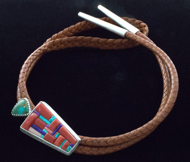 Tufa Cast Bolo Tie With Natural Cripple Creek Turquoise And Multi-Color Cobblestone Inlay Design