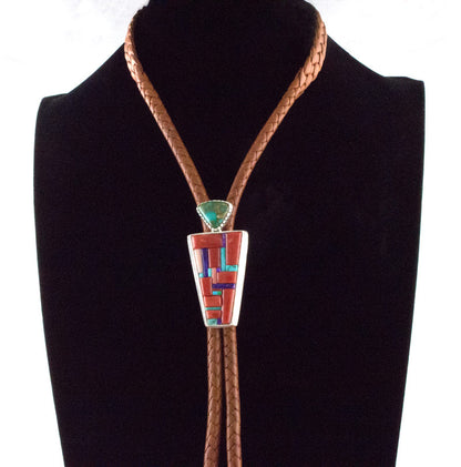 Tufa Cast Bolo Tie With Natural Cripple Creek Turquoise And Multi-Color Cobblestone Inlay Design