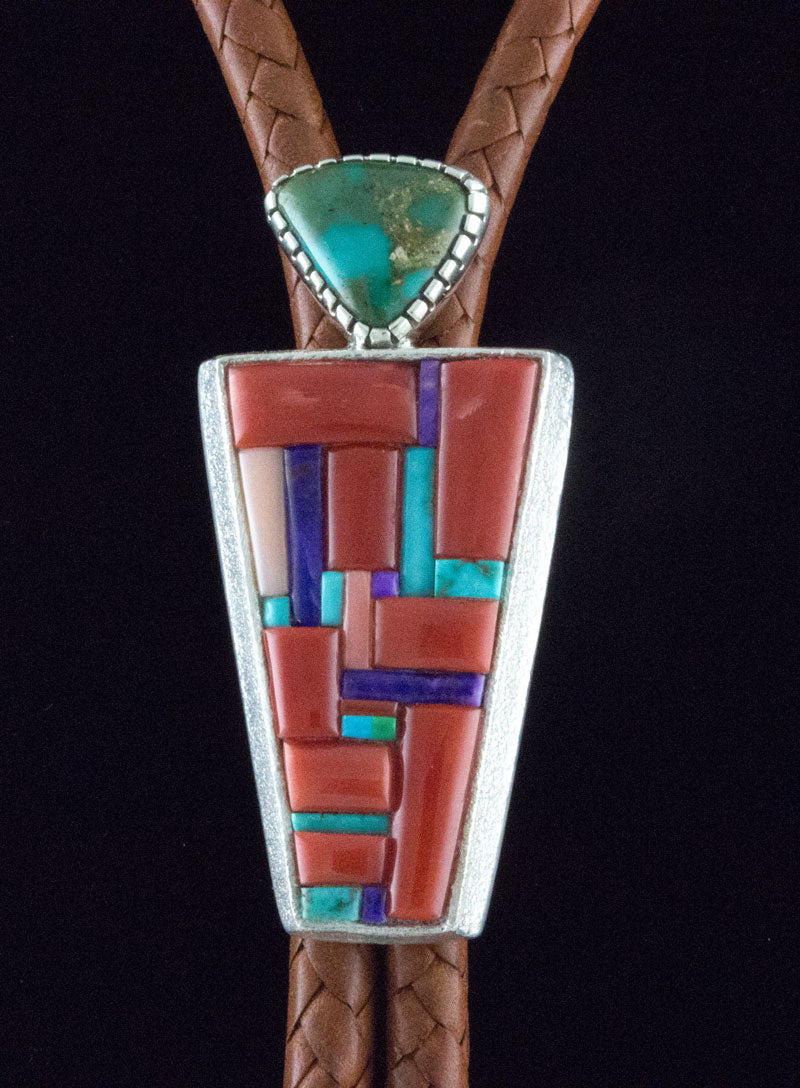 Tufa Cast Bolo Tie With Natural Cripple Creek Turquoise And Multi-Color Cobblestone Inlay Design