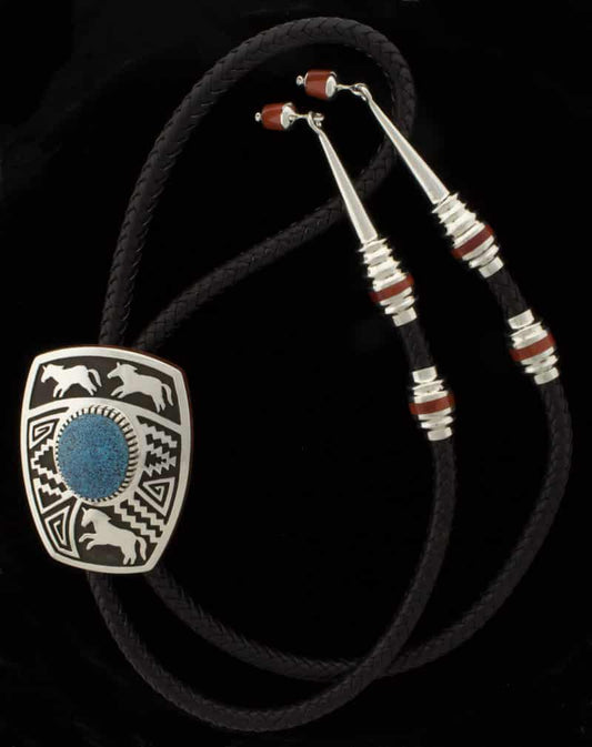 High Grade Natural Black Web Kingman Turquoise Bolo Tie With Coral Inlay