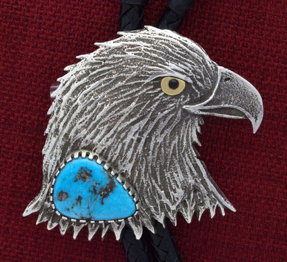 Tufa Cast Eagle Bolo Tie With Natural Morenci Turquoise, 18K Gold & Onyx