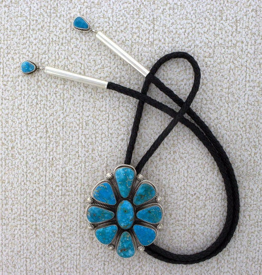 High Grade Natural Kingman Turquoise Cluster Bolo Tie