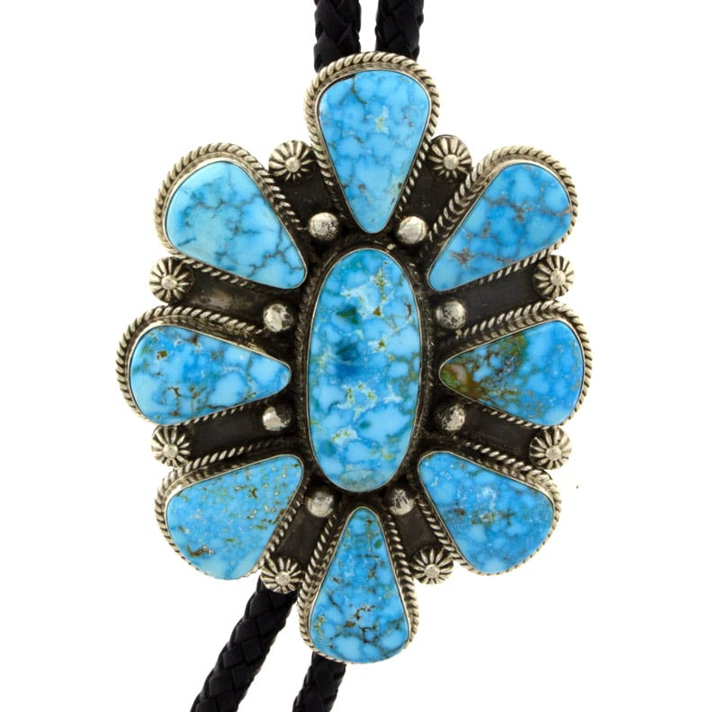 High Grade Natural Kingman Water Web Turquoise Cluster Bolo Tie