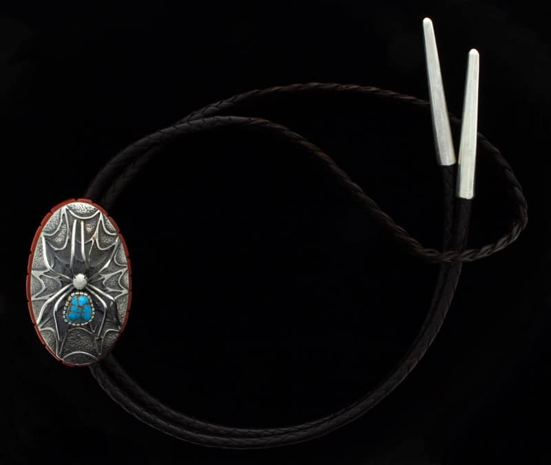 Tufa Cast Spider Bolo Tie With Natural Brannon Blue Turquoise & Coral