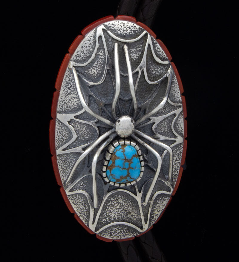 Tufa Cast Spider Bolo Tie With Natural Brannon Blue Turquoise & Coral