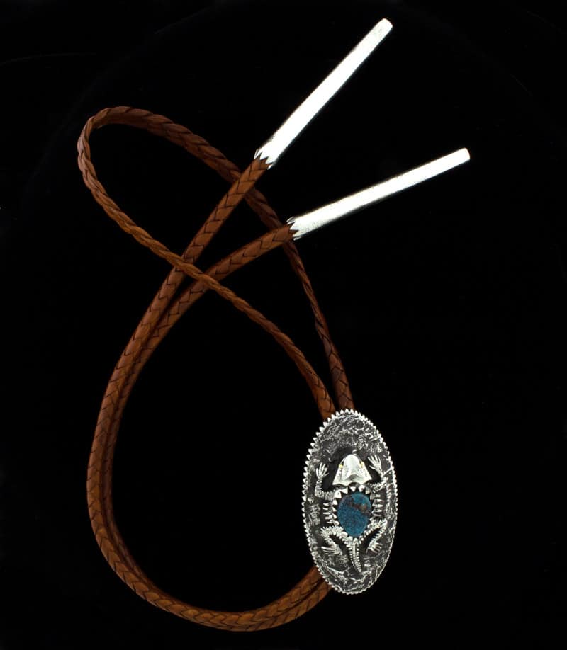 Tufa Cast Horny Toad Bolo Tie With 18K Gold Eyes And High Grade Natural Red Web Bisbee Turquoise