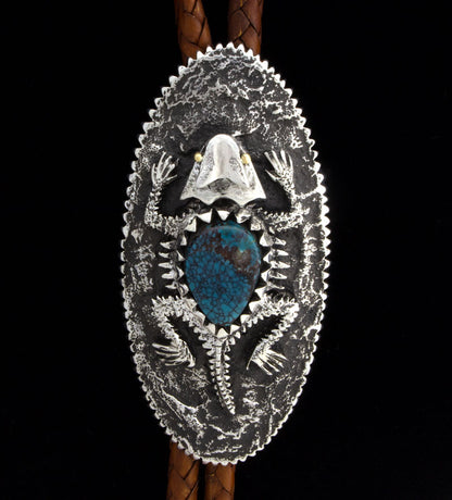 Tufa Cast Horny Toad Bolo Tie With 18K Gold Eyes And High Grade Natural Red Web Bisbee Turquoise