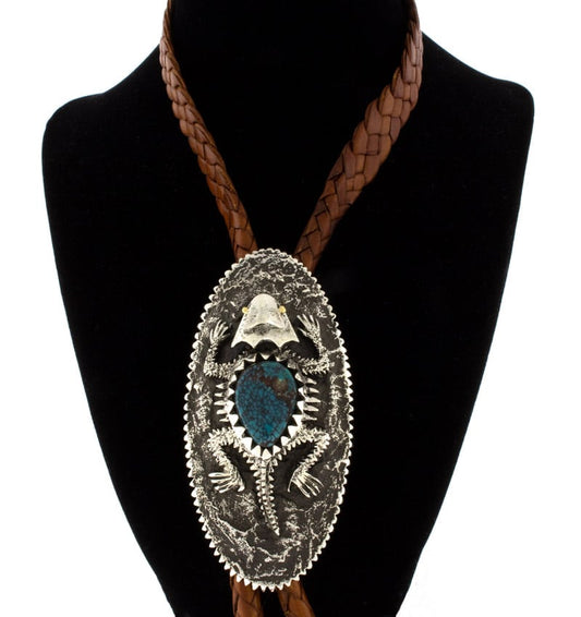 Tufa Cast Horny Toad Bolo Tie With 18K Gold Eyes And High Grade Natural Red Web Bisbee Turquoise