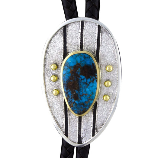 Tufa Cast Bolo Tie With High Grade Natural Apache Blue Turquoise, 18K Gold & Natural Mediterranean Coral