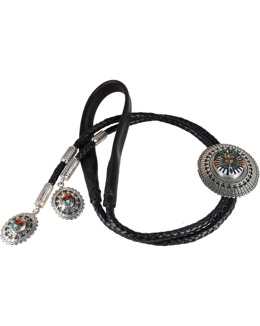 Sterling Silver Overlay Bolo Tie With Multi-Color Micro Inlay Design