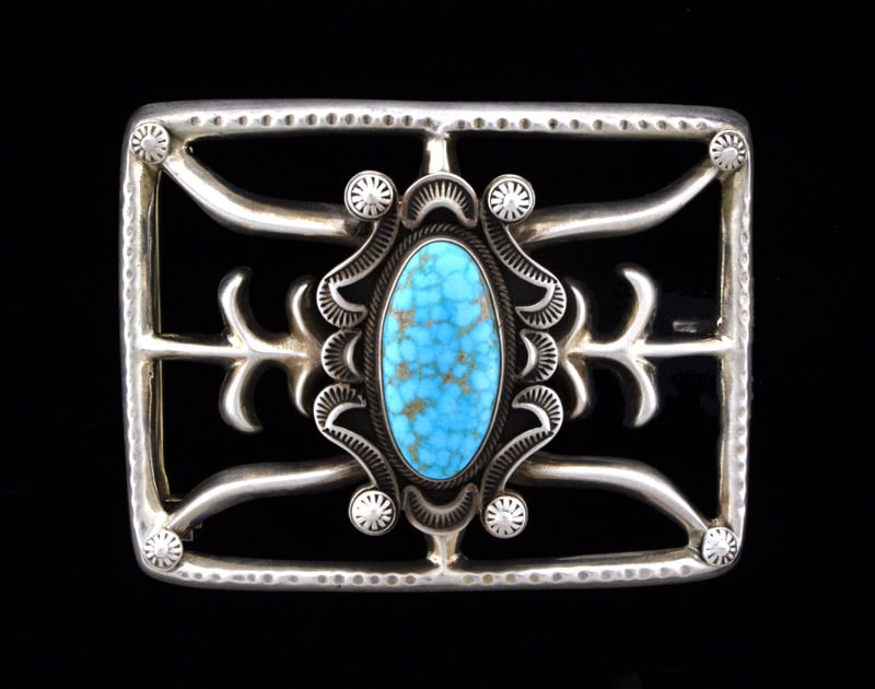 Sandcast Belt Buckle With High Grade Natural #8 Turquoise