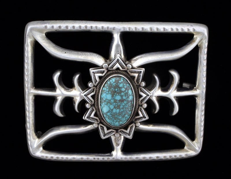 Sandcast Belt Buckle With High Grade Natural #8 Micro-Web Turquoise