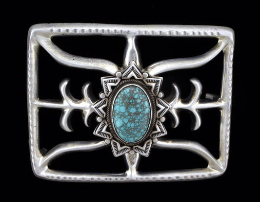 Sandcast Belt Buckle With High Grade Natural #8 Micro-Web Turquoise