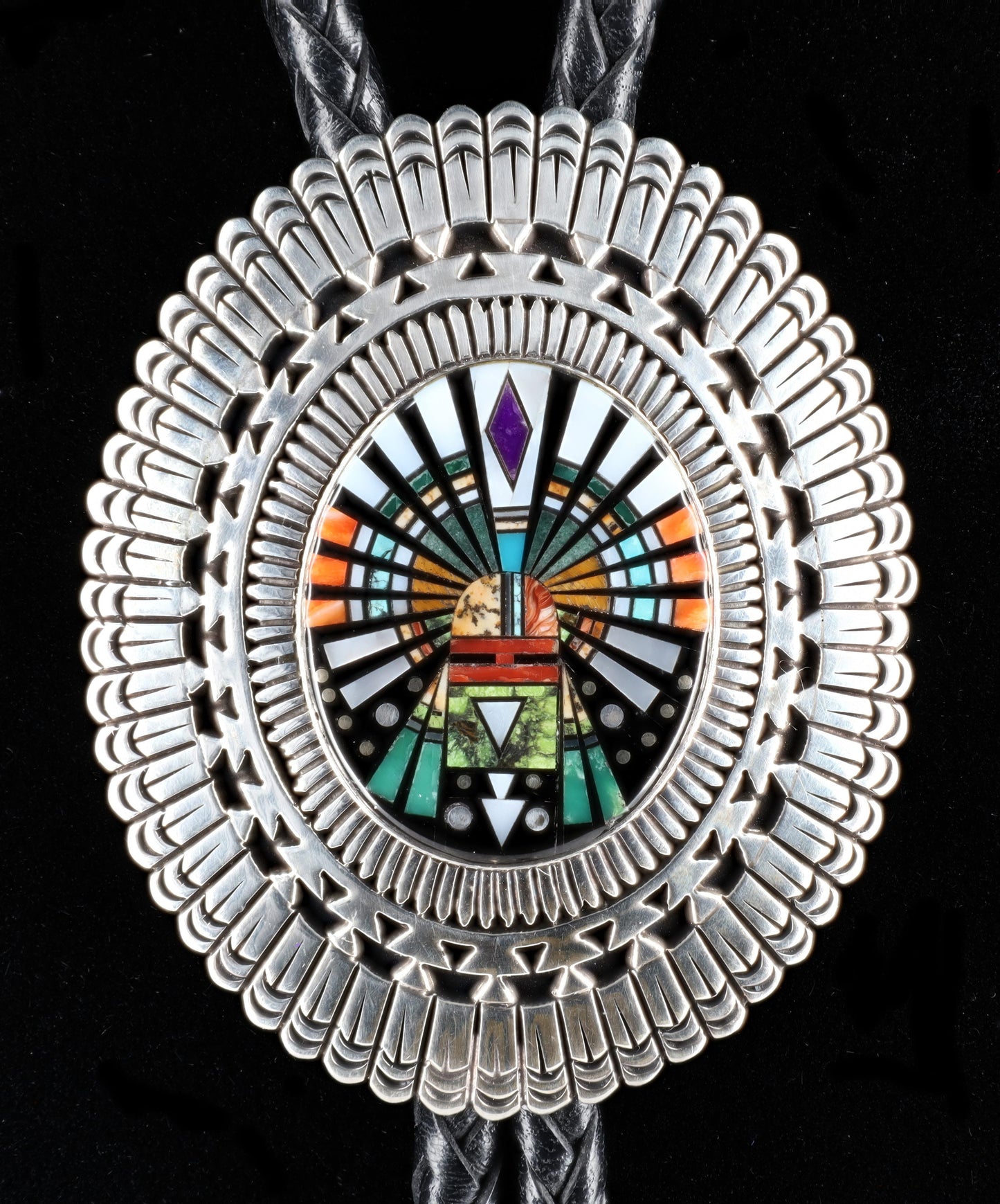 Sterling Silver Overlay Bolo Tie With Multi-Color Micro Inlay Design