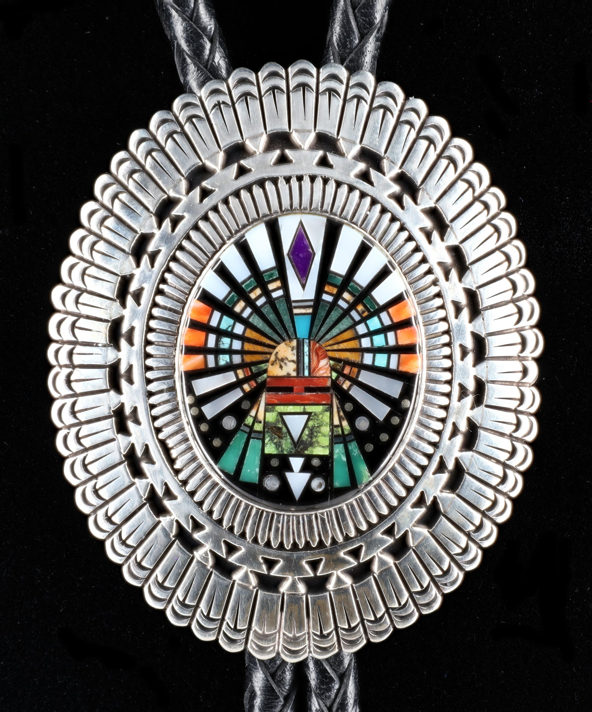 Sterling Silver Overlay Bolo Tie With Multi-Color Micro Inlay Design