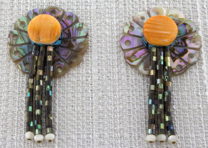 Hand Carved Abalone Disc Earrings With Abalone Heishi Dangles