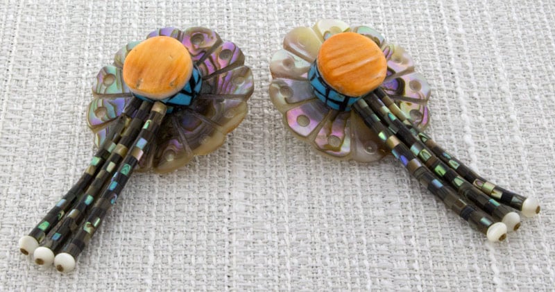 Hand Carved Abalone Disc Earrings With Abalone Heishi Dangles