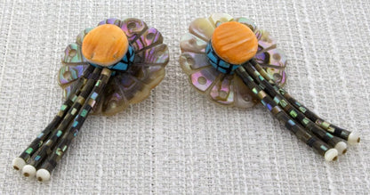 Hand Carved Abalone Disc Earrings With Abalone Heishi Dangles