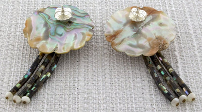 Hand Carved Abalone Disc Earrings With Abalone Heishi Dangles