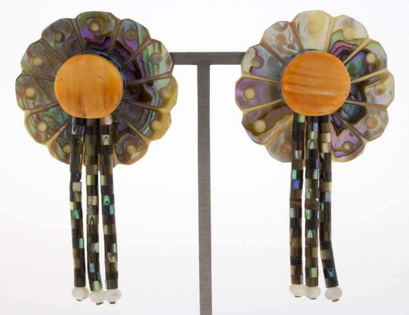 Hand Carved Abalone Disc Earrings With Abalone Heishi Dangles