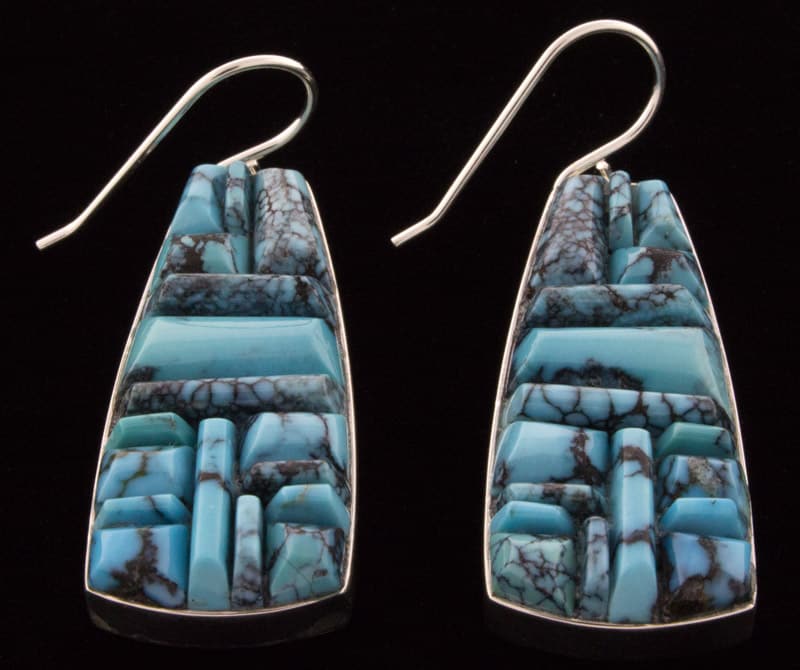 High Grade Natural Cloud Mountain Turquoise Raised Cobblestone Inlay Earrings