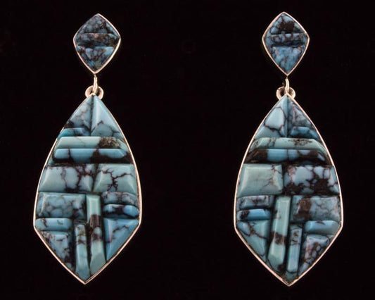 High Grade Natural Cloud Mountain Turquoise Raised Cobblestone Inlay Earrings