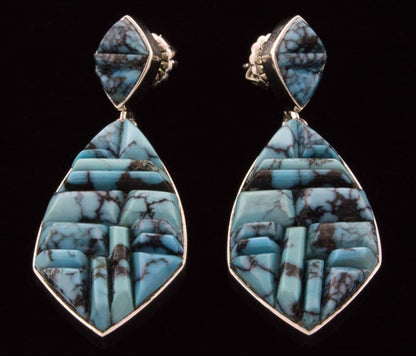 High Grade Natural Cloud Mountain Turquoise Raised Cobblestone Inlay Earrings