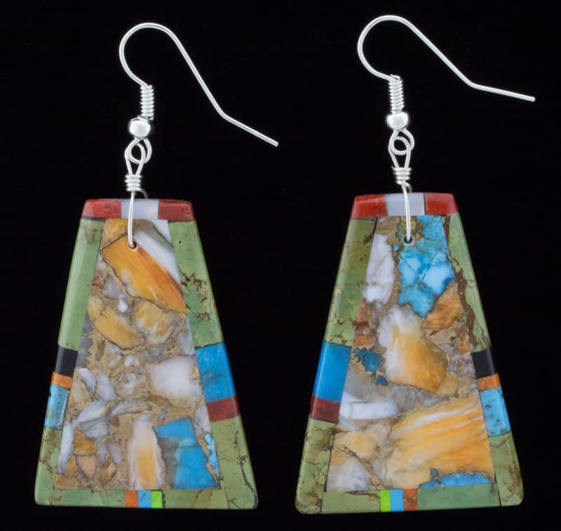 Kewa Mosaic Slab Earrings With Multi-Stone Inlay Border