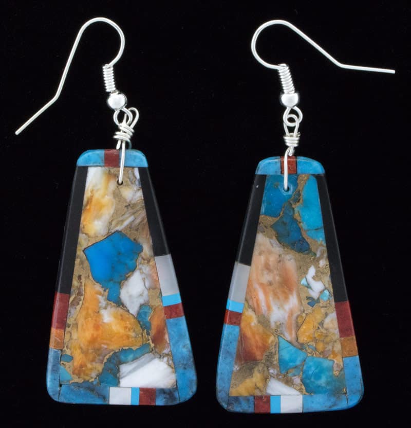 Kewa Mosaic Slab Earrings With Multi-Stone Inlay Border