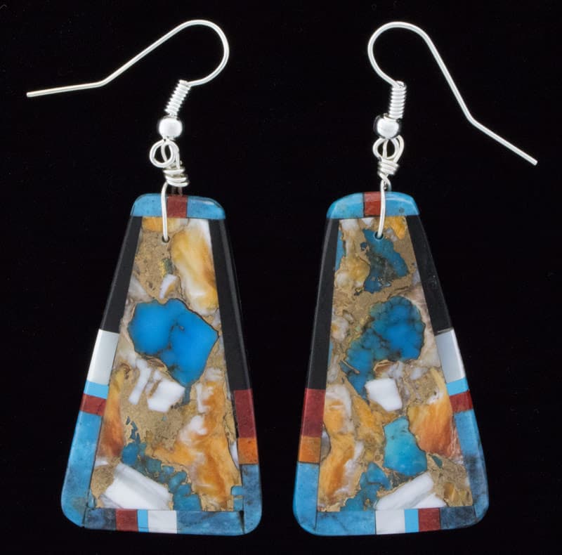 Kewa Mosaic Slab Earrings With Multi-Stone Inlay Border