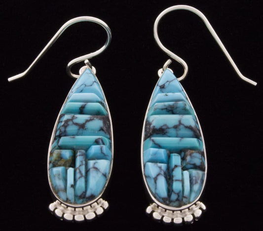 High Grade Natural Cloud Mountain Turquoise Raised Cobblestone Inlay Earrings