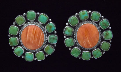 Orange Spiny Oyster With Green Kingman Turquoise Surround Earrings