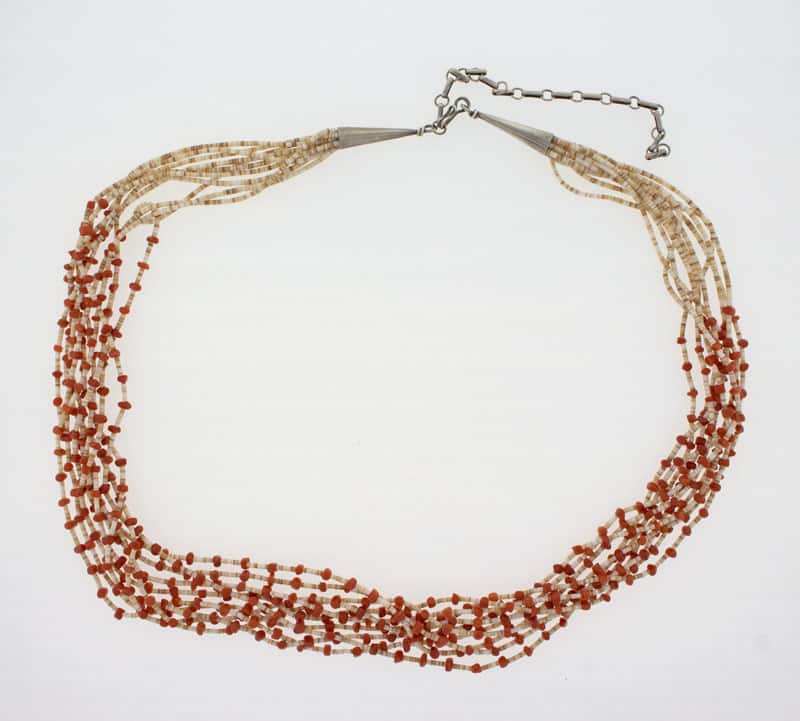 10-Strand White Clam Shell Heishi & Coral Necklace