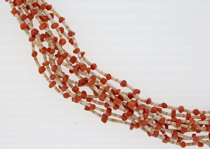 10-Strand White Clam Shell Heishi & Coral Necklace