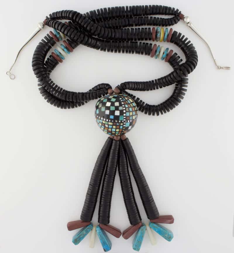 2-Strand Heishi Necklace With Multi-Color Stone Inlay Ball Pendant & 10 Multi-Stone Corn Drops