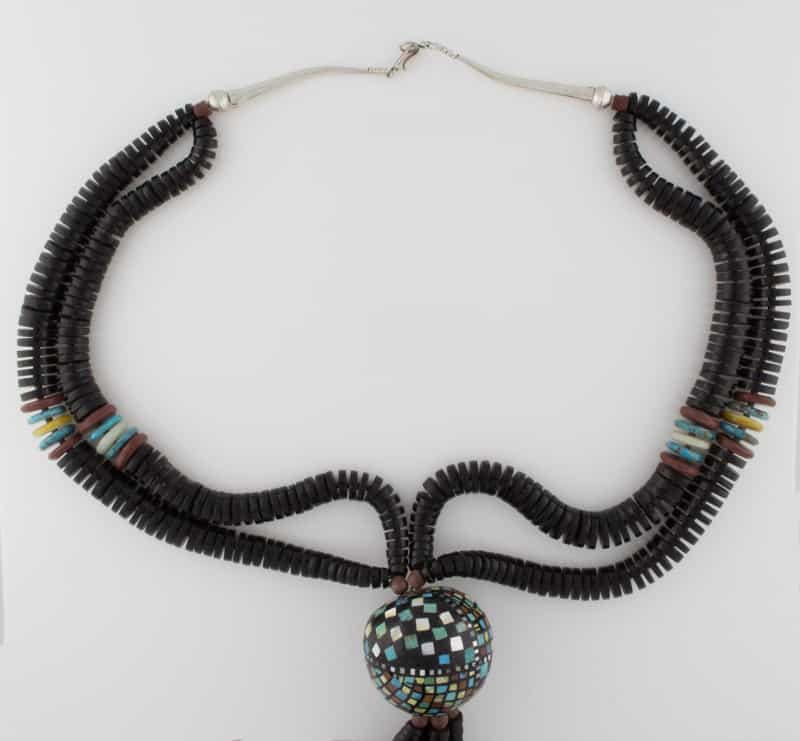 2-Strand Heishi Necklace With Multi-Color Stone Inlay Ball Pendant & 10 Multi-Stone Corn Drops