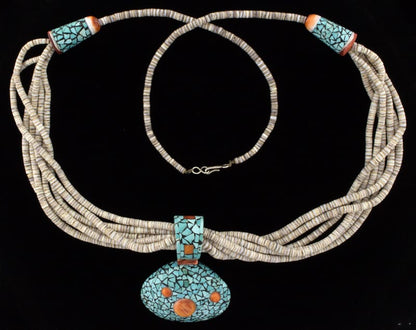 6-Strand Olive Shell Heishi Necklace With Inlaid Turquoise & Orange Spiny Oyster Shell Pendant