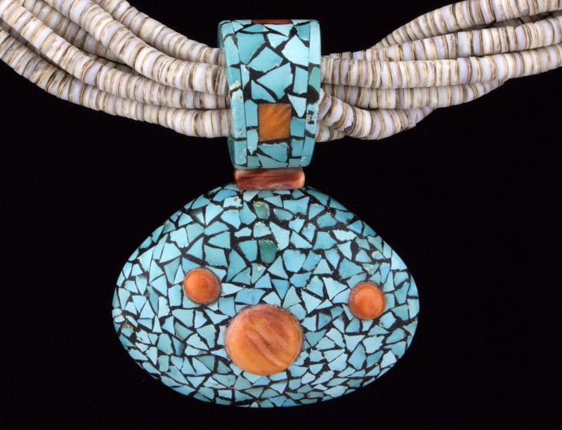 6-Strand Olive Shell Heishi Necklace With Inlaid Turquoise & Orange Spiny Oyster Shell Pendant