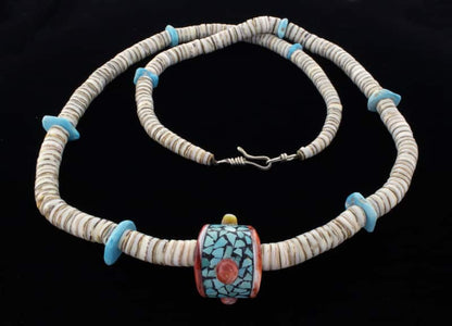 Olive Shell Heishi Necklace With Inlaid Mule Deer Bone Pendant