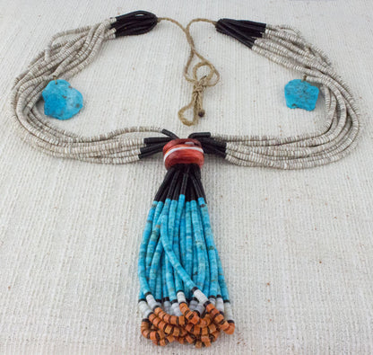 10-Strand Multi-Color Heishi Necklace With Jaclas & Natural Sleeping Beauty Turquoise Side Slabs