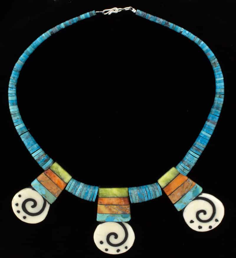 Kingman Turquoise Heishi Necklace With 3 Multi-Stone Inlay Tabs