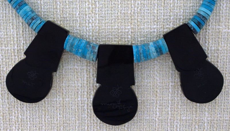 Kingman Turquoise Heishi Necklace With 3 Multi-Stone Inlay Tabs