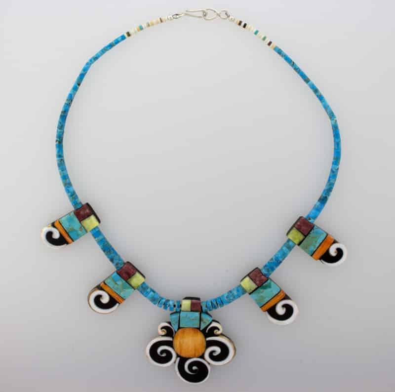 Kingman Turquoise Heishi Necklace With 5 Multi-Stone Inlay Tabs