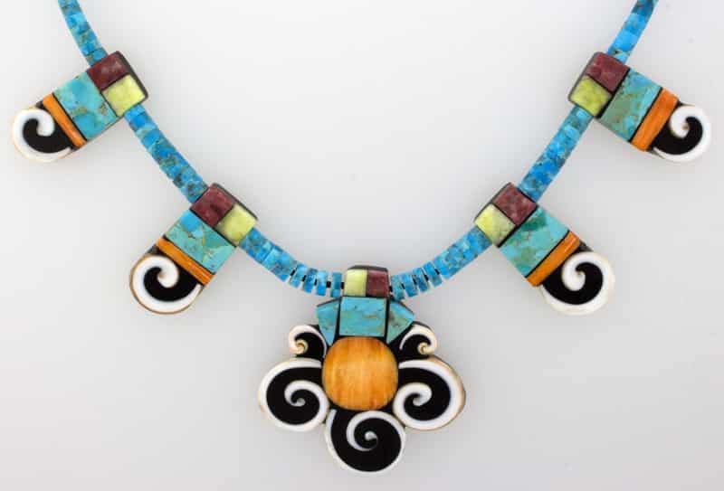 Kingman Turquoise Heishi Necklace With 5 Multi-Stone Inlay Tabs