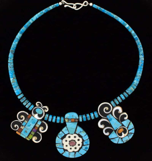 Kingman Turquoise Heishi Necklace With 3 Multi-Stone Inlay Tabs