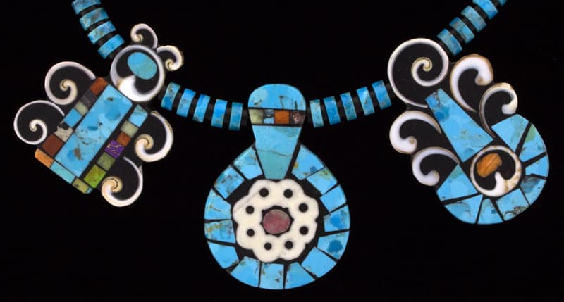 Kingman Turquoise Heishi Necklace With 3 Multi-Stone Inlay Tabs