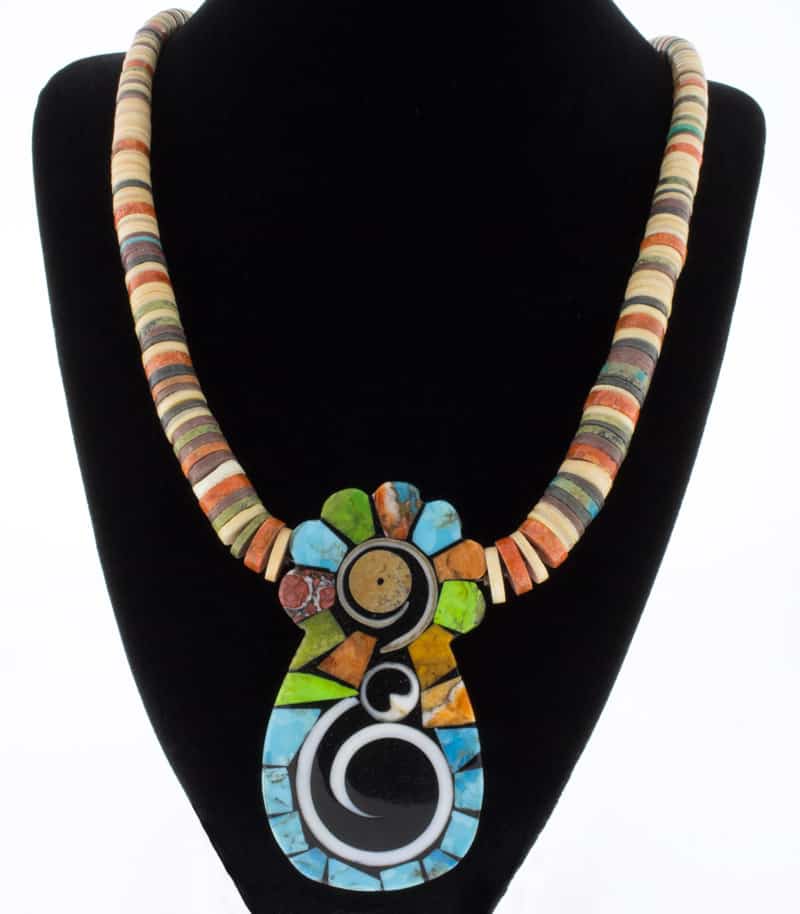 Multi-Color Stone & Shell Heishi Necklace With Multi-Color Stone & Shell Inlay Pendant