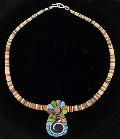 Multi-Color Stone & Shell Heishi Necklace With Multi-Color Stone & Shell Inlay Pendant