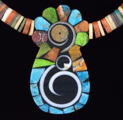 Multi-Color Stone & Shell Heishi Necklace With Multi-Color Stone & Shell Inlay Pendant